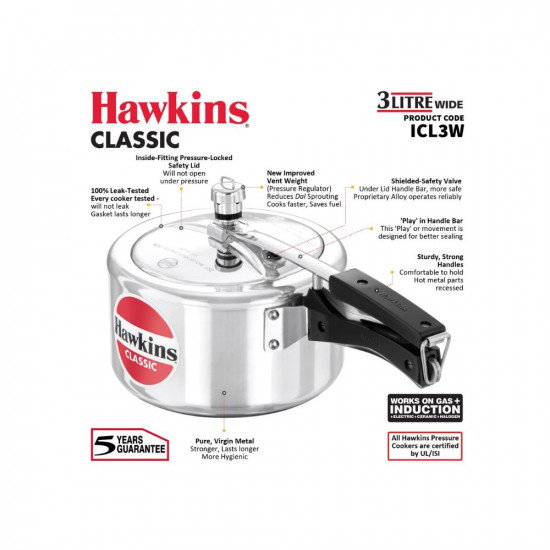 Hawkins Classic 3 Litre Inner Lid Aluminium Pressure Cooker Induction Cooker Wide Design Pan Cooker Best Cooker Silver ICL3W