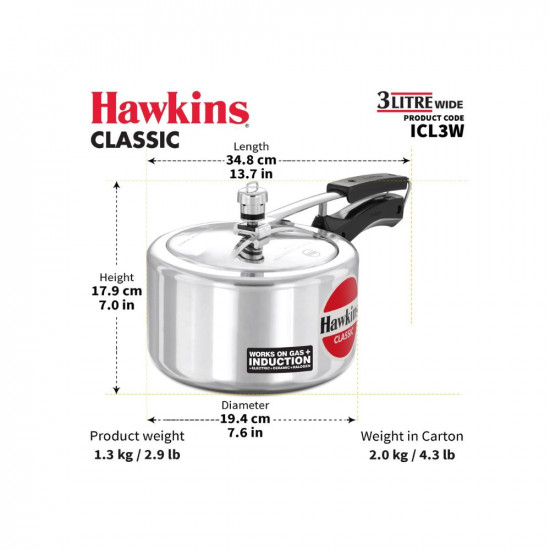 Hawkins Classic 3 Litre Inner Lid Aluminium Pressure Cooker Induction Cooker Wide Design Pan Cooker Best Cooker Silver ICL3W