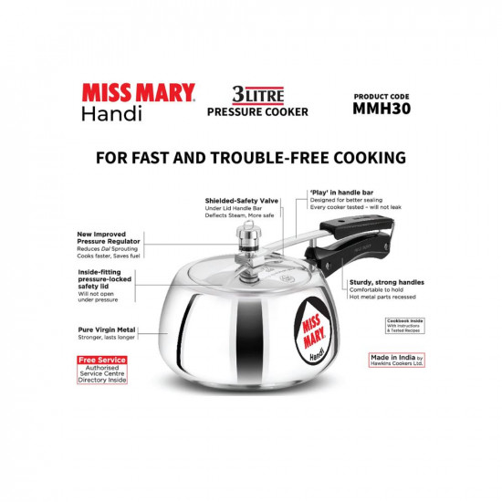 Hawkins Miss Mary Aluminium Inner Lid Handi Pressure Cooker 3 Litre Silver MMH30