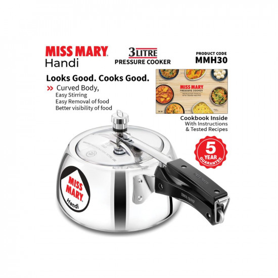 Hawkins Miss Mary Aluminium Inner Lid Handi Pressure Cooker 3 Litre Silver MMH30