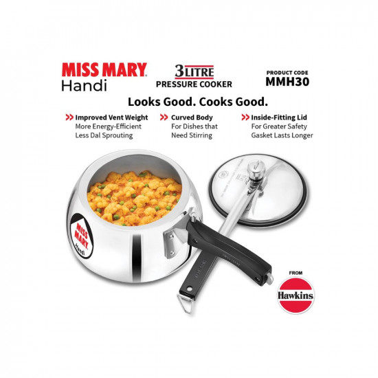 Hawkins Miss Mary Aluminium Inner Lid Handi Pressure Cooker 3 Litre Silver MMH30