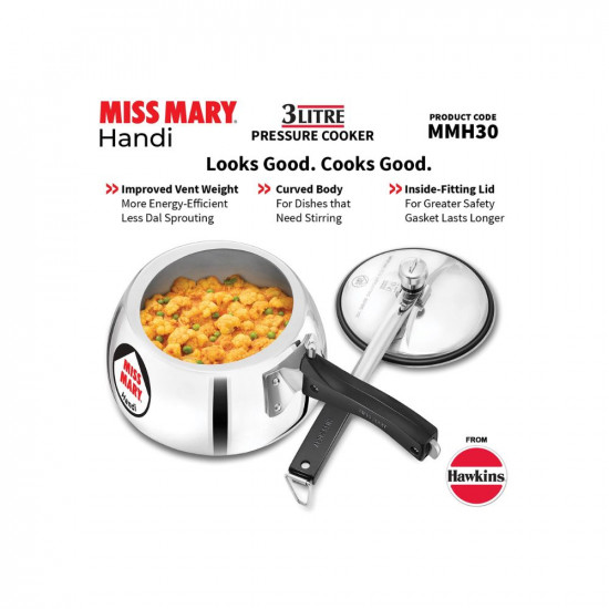 Hawkins Miss Mary Aluminium Inner Lid Handi Pressure Cooker, 3 Litre, Silver (MMH30)