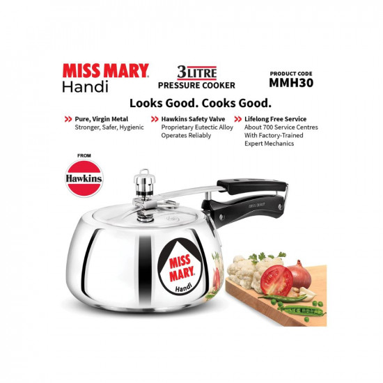 Hawkins Miss Mary Aluminium Inner Lid Handi Pressure Cooker 3 Litre Silver MMH30
