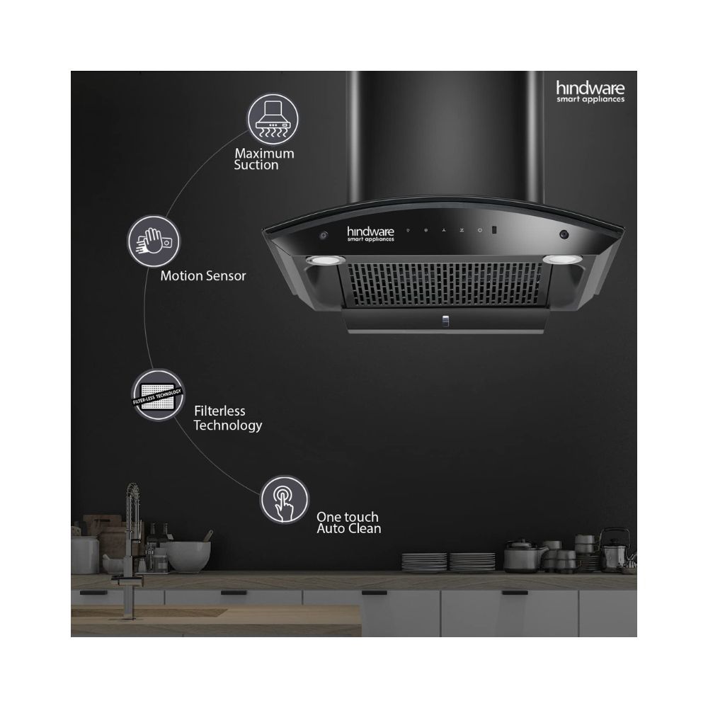 Hindware Nadia IN 60 cm 1350 mhr Stylish Filterless Auto-Clean Kitchen Chimney With Metallic Oil Collector