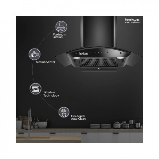 Hindware Smart Appliances Nadia IN 90 cm 1350 mhr Stylish Filterless Auto-Clean Kitchen Chimney With Metallic Oil Collector Motion Sensor  Touch Control For Easy Operation Curved Glass Black