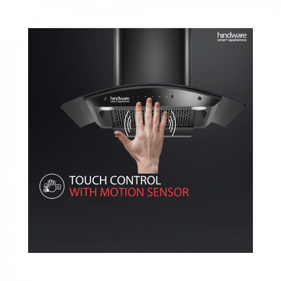 Hindware Smart Appliances Nadia IN 90 cm 1350 mhr Stylish Filterless Auto-Clean Kitchen Chimney With Metallic Oil Collector Motion Sensor  Touch Control For Easy Operation Curved Glass Black