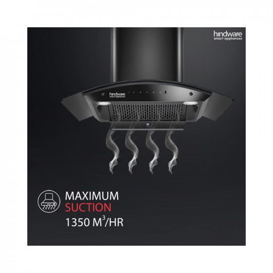 Hindware Smart Appliances Nadia IN 90 cm 1350 mhr Stylish Filterless Auto-Clean Kitchen Chimney With Metallic Oil Collector Motion Sensor  Touch Control For Easy Operation Curved Glass Black