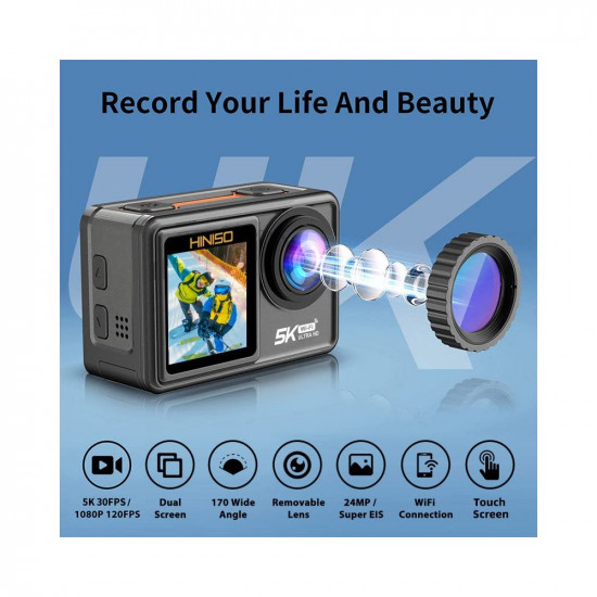 HINISO 5K Action Camera 24M Touchscreen WiFi Waterproof Camera with Dual Screen EIS IMX386 Sensor Remote Control 131 Feet Underwater Camera with External Mic  3 Battery AT-S81TR
