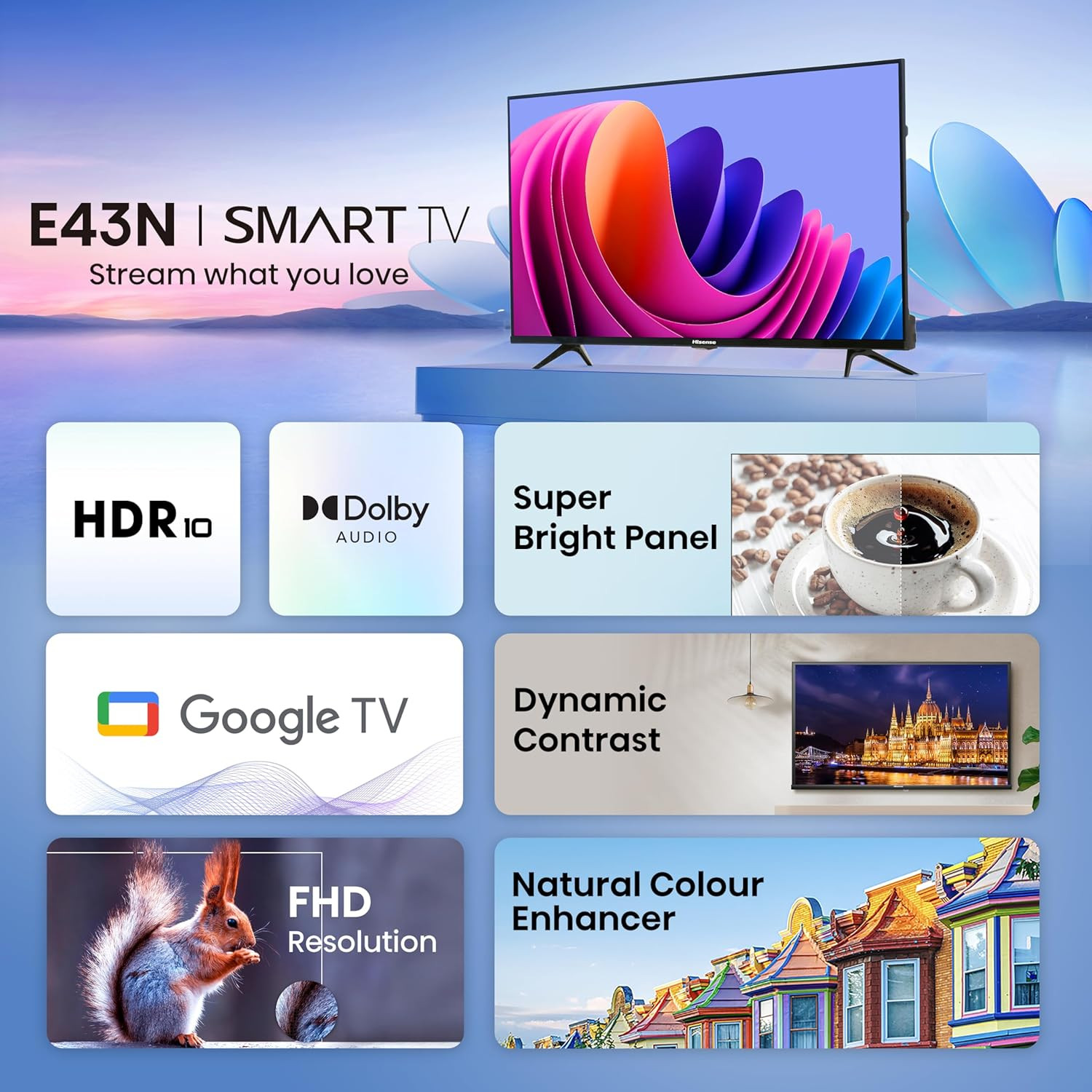 Hisense 108 cm 43 inches E43N Series Full HD Smart Google LED TV 43E43N Black