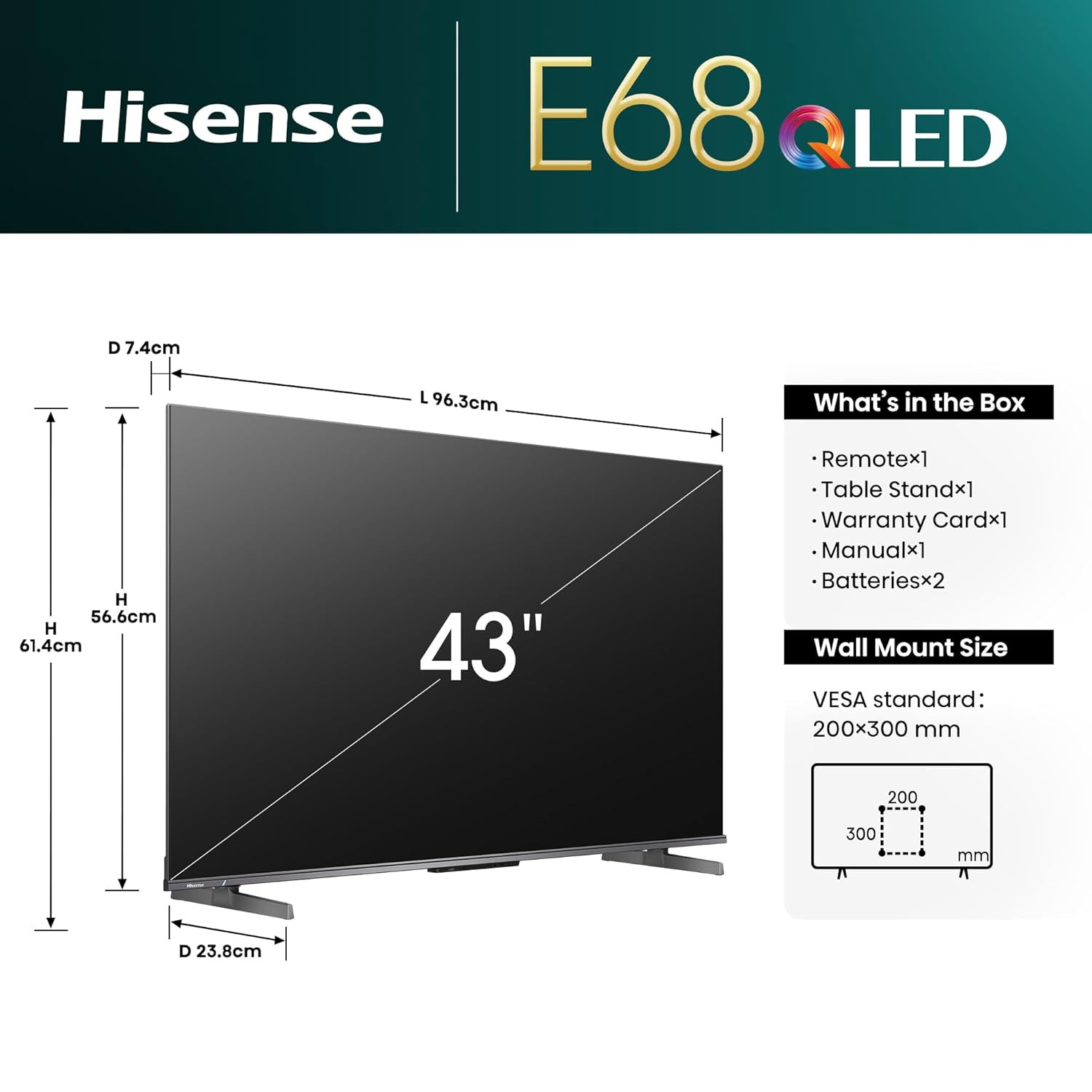 Hisense 108 cm 43 inches E68N Series 4K Ultra HD Smart Google QLED TV 43E68N Grey
