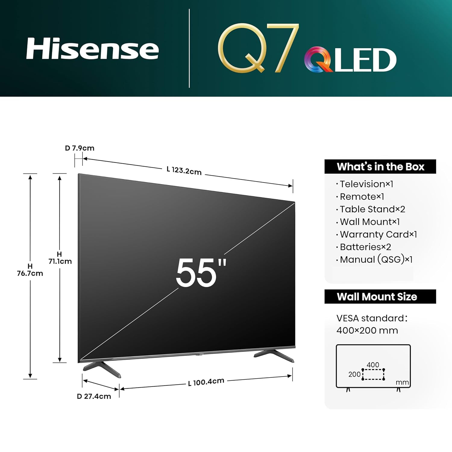 Hisense 139 cm 55 inches Q7N Series 4K Ultra HD Smart QLED TV 55Q7N Dark Grey