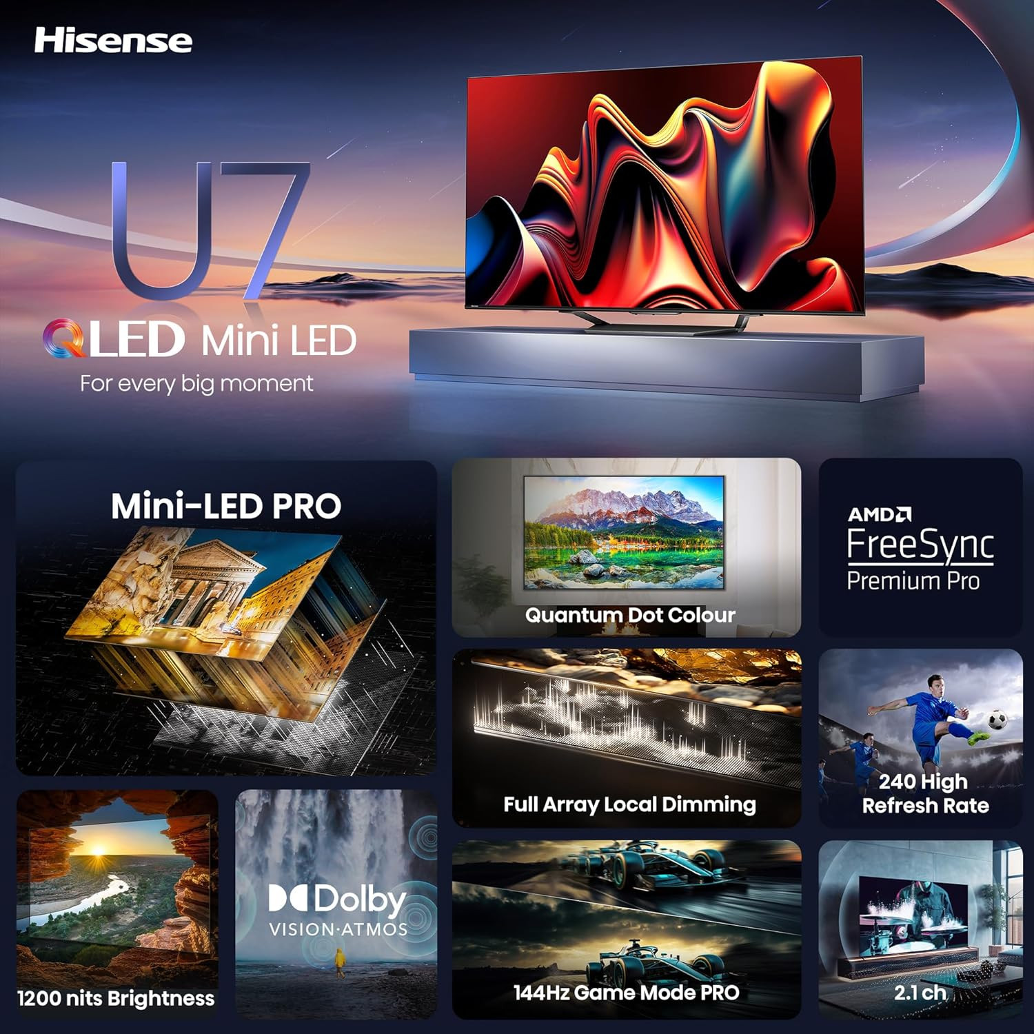 Hisense 139 cm 55 inches U7N Series 4K Ultra HD Smart QLED Mini LED TV 55U7N Black