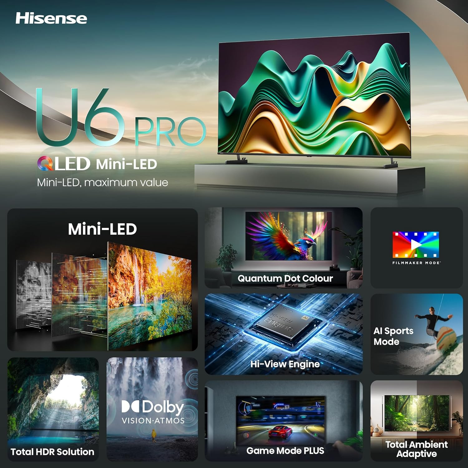 Hisense 164 cm 65 inches U6N PRO Series 4K Ultra HD Smart QLED Mini LED TV 65U6N PRO Black