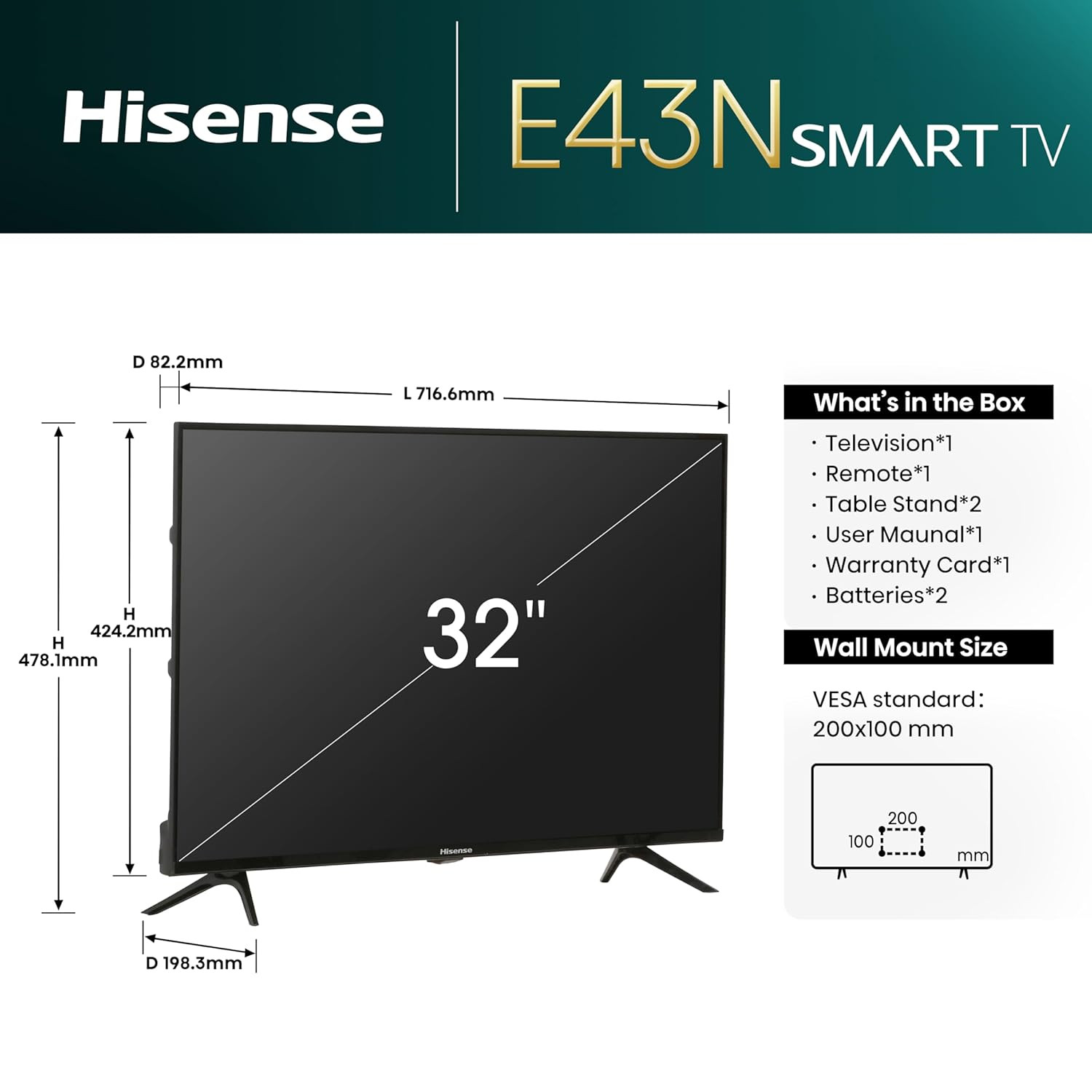 Hisense 80 cm 32 inches E43N Series HD Ready Smart Google LED TV 32E43N Black