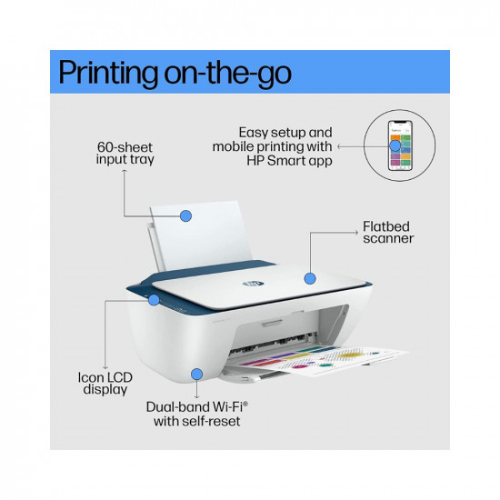 HP Deskjet 2723 Printer, Copy, Scan, Dual Band WiFi, Bluetooth, USB, Simple Setup Smart App, Ideal for Home.