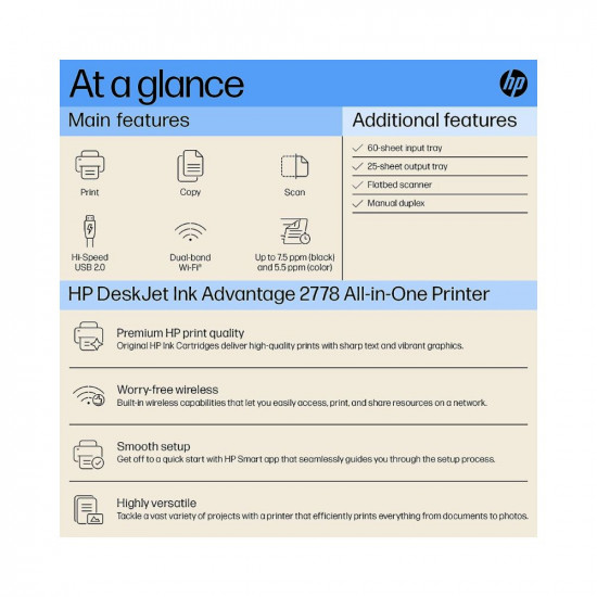 HP Ink Advantage 2778 Printer, Copy, Scan, Dual Band WiFi, Bluetooth, USB, Simple Setup Smart App, Ideal for Home