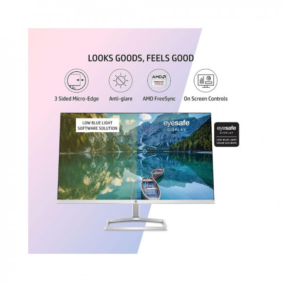 HP M24f 23.8-Inch(60.45cm) Eye Safe Certified Full HD 1920 x 1080 Pixels IPS 3-Sided Micro-Edge LED Monitor, 75Hz, AMD Free Sync with 1xVGA, 1xHDMI 1.4 Ports, 300 nits Silver