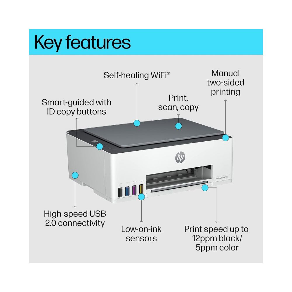 HP Smart Tank 580 AIO WiFi Colour Printer with 1 Extra Black Ink Bottle Upto 12000 Black  6000 Colour Prints