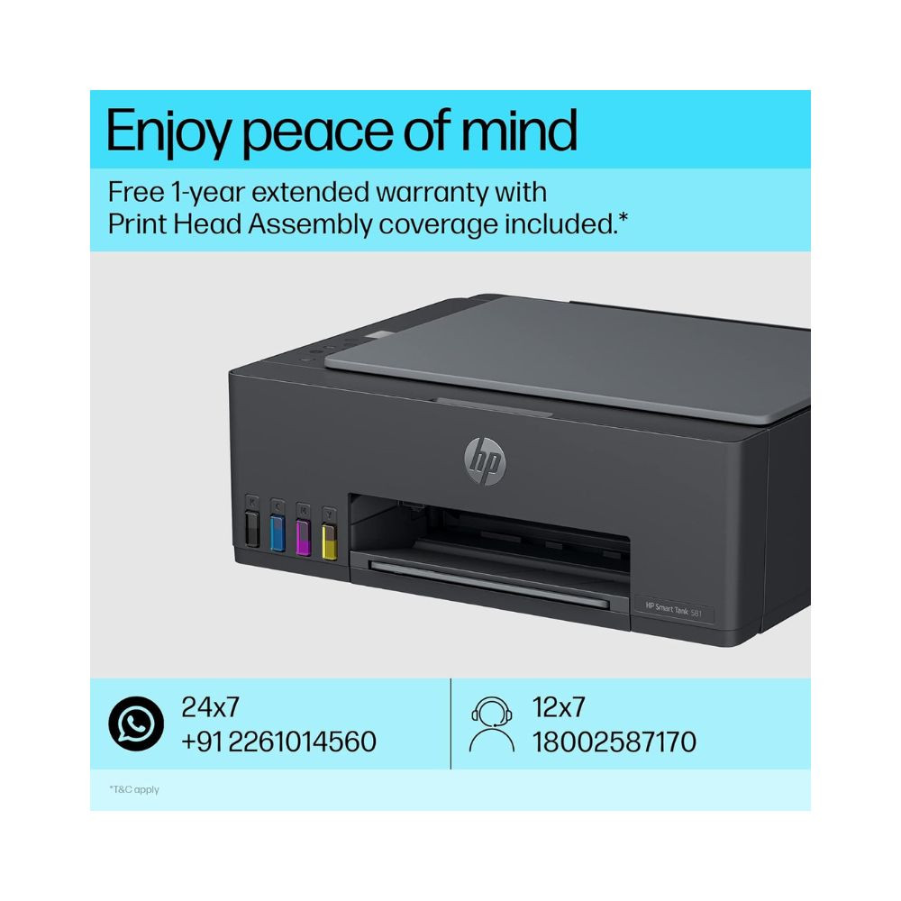 HP Smart Tank 581 All-in-one WiFi Colour Printer with 2 Extra Black Ink BottlesUpto 18000 Black and 6000 Colour Prints