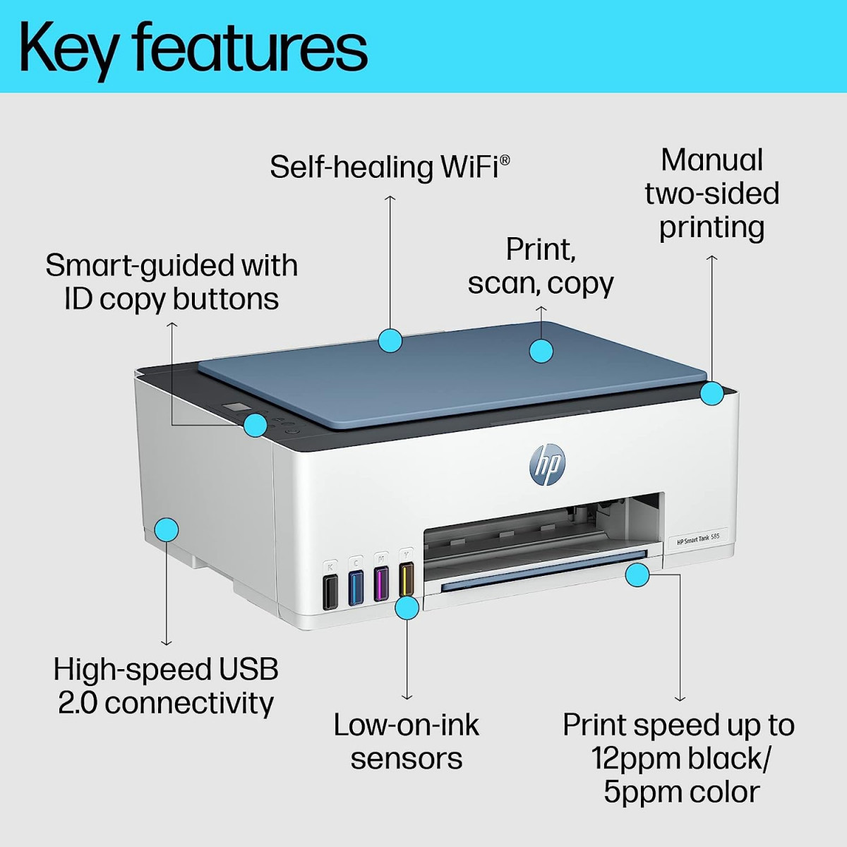 HP Smart Tank 585 All-in-one WiFi Colour Printer Upto 6000 Black and 6000 Colour Pages Included in The Box