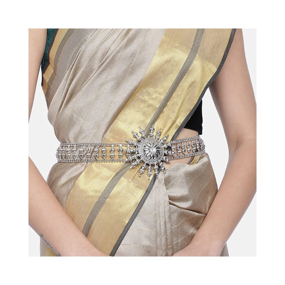 I Jewels 18k Rhodium Plated Metal Adjustable Kamarband Waist Belt for Women/Girls (B029S)
