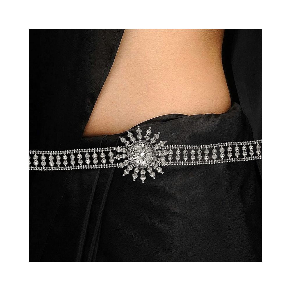 I Jewels 18k Rhodium Plated Metal Adjustable Kamarband Waist Belt for Women/Girls (B029S)