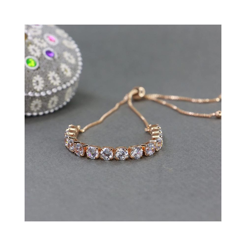 I Jewels 18k Rose Gold Plated Cubic Zirconia Adjustable Bracelet Jewellery with Pull-Chain for Women & Girls (ADB161RG)
