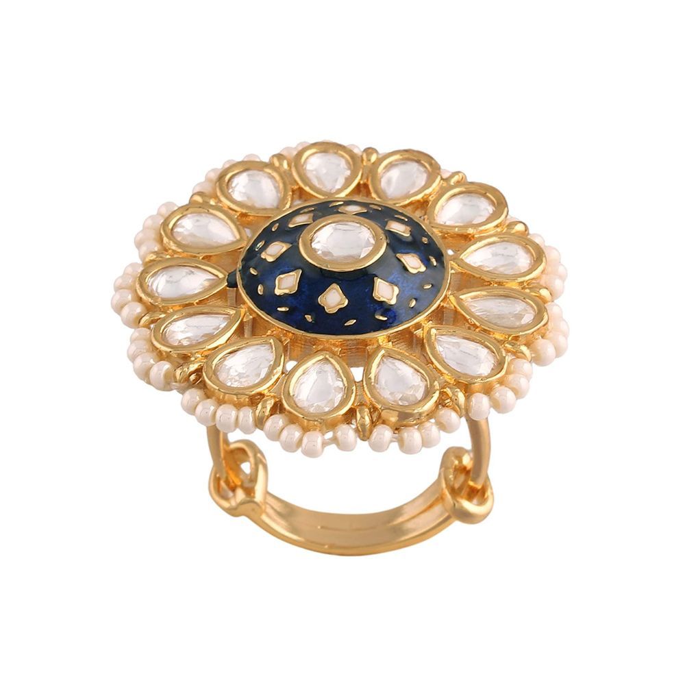 I Jewels Intricately Crafted in 18k Gold Plated Traditional Green Enamel/Meena Work Ring
