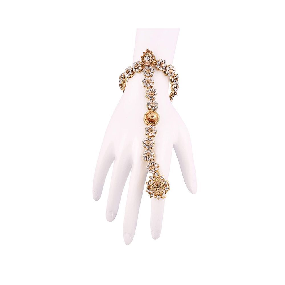 I Jewels Kundan Bracelet with Pearl Chain Ring Handchain Hath phool for Women (PIJ006LW) (Gold)