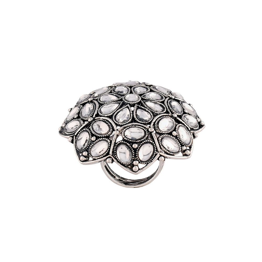 I Jewels Silver Oxidized Kundan Work Designer Adjustable Finger Ring for Women (FL204)
