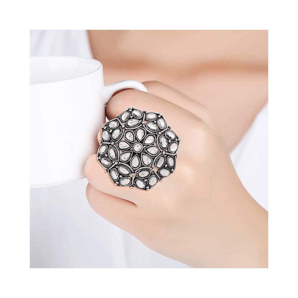 I Jewels Silver Oxidized Kundan Work Designer Adjustable Finger Ring for Women (FL204)