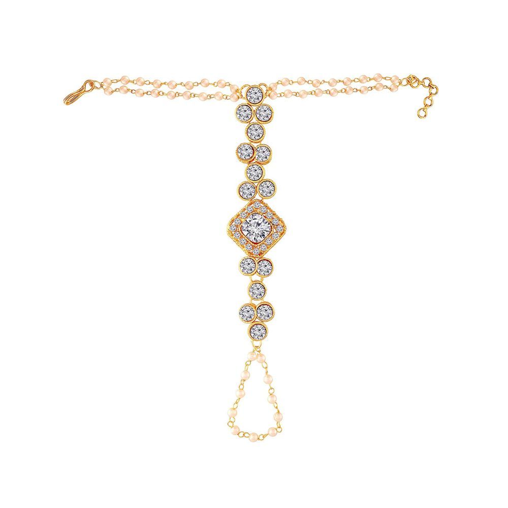 I Jewels Traditional Gold Plated Pearl Hath Punja Bracelet with Ring for Women (PIJ015W)