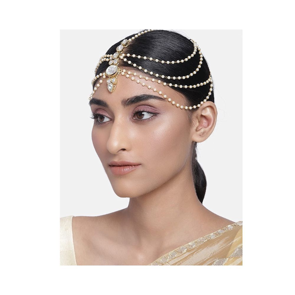 I Jewels Traditional Pearl & Stone Mathapatti Maang Tikka for Women T1082W (White)
