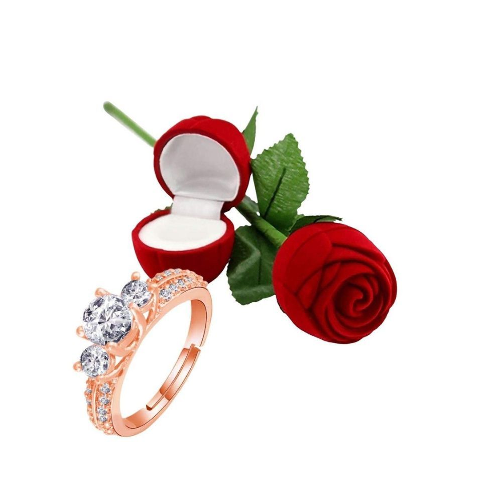 I Jewels Valentine's Special Silver Plated Brass CZ American Diamond Adjustable Finger Ring with Red Rose For Women's and Girl's (S001-93)