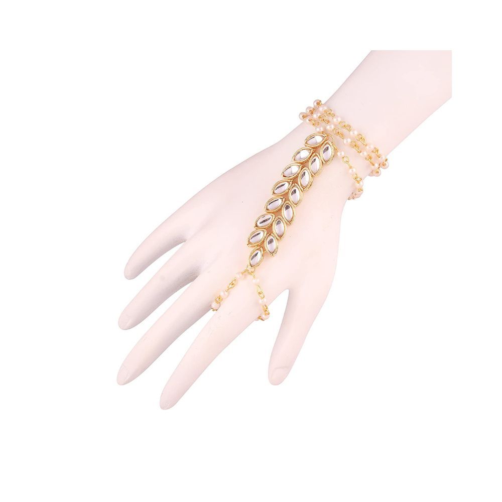 I Jewels White Gold Plated Kundan And Pearl Hath Phool Ring Bracelet For Women