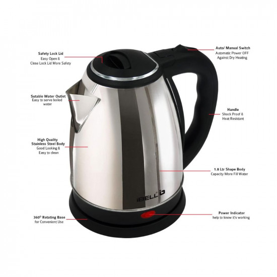 IBELL Sek18L Stainless Steel Electric Kettle 18 liter 1800W Auto Cut-Off Feature Silver 1800 Watts