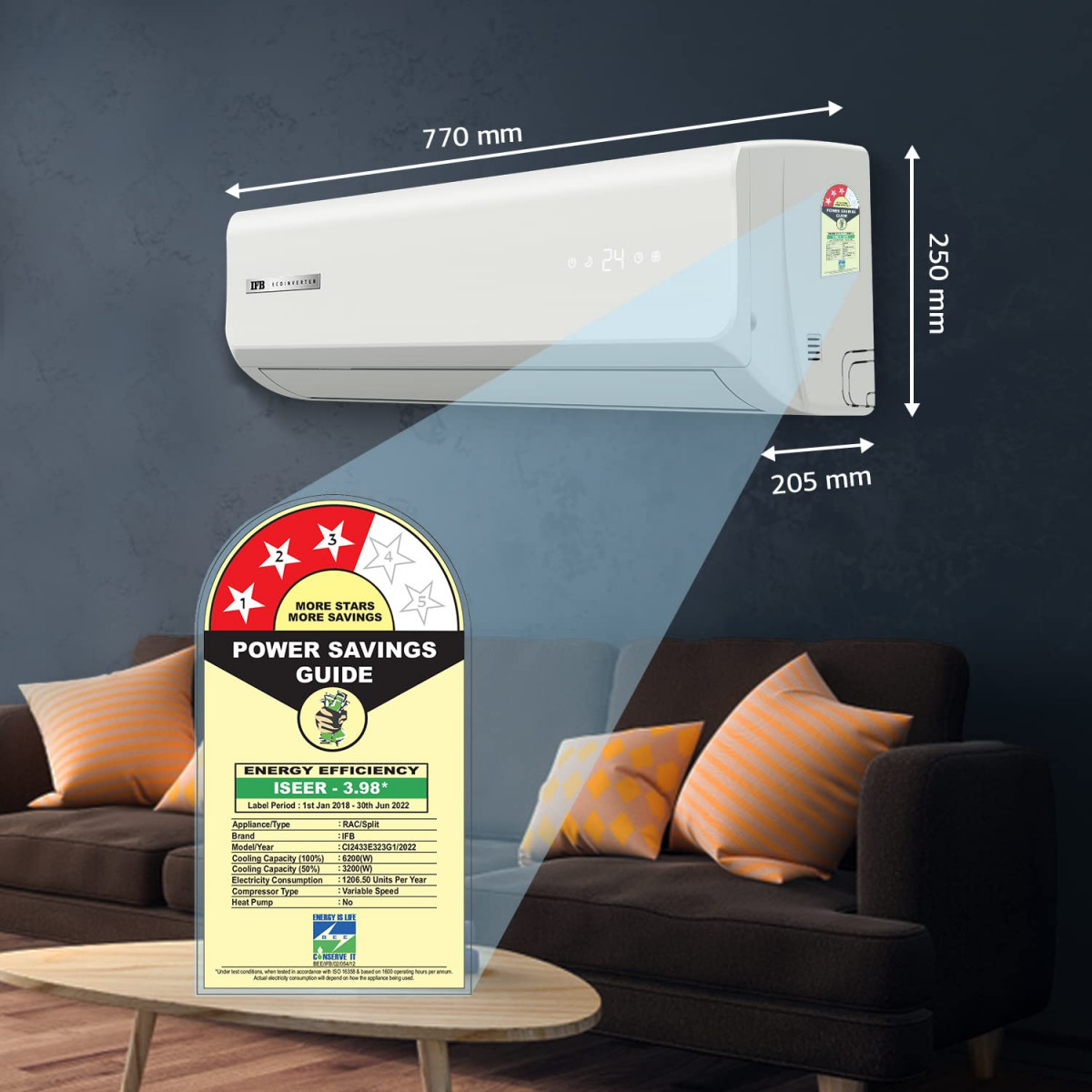 IFB 2 Ton 3 Star Inverter Split AC Copper Convertible Flexi 8-in-1 Cooling PM 03 Filter 2022 Model CI2433E323G1 White