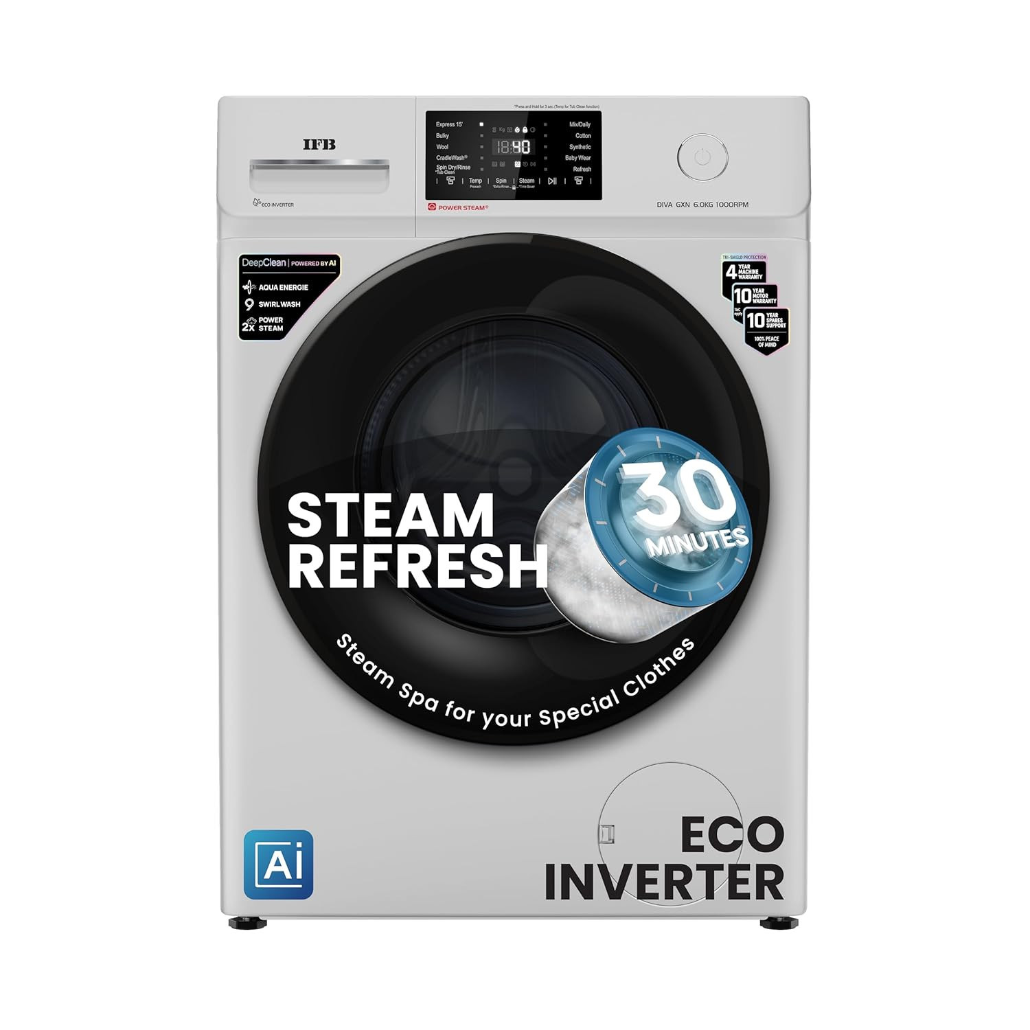 IFB 6 Kg 5 Star Powered by AI with 9 Swirl Wash Fully Automatic Front Load Washing Machine DIVA GXN 6010 Steam Refresh Program with Eco Inverter Grey