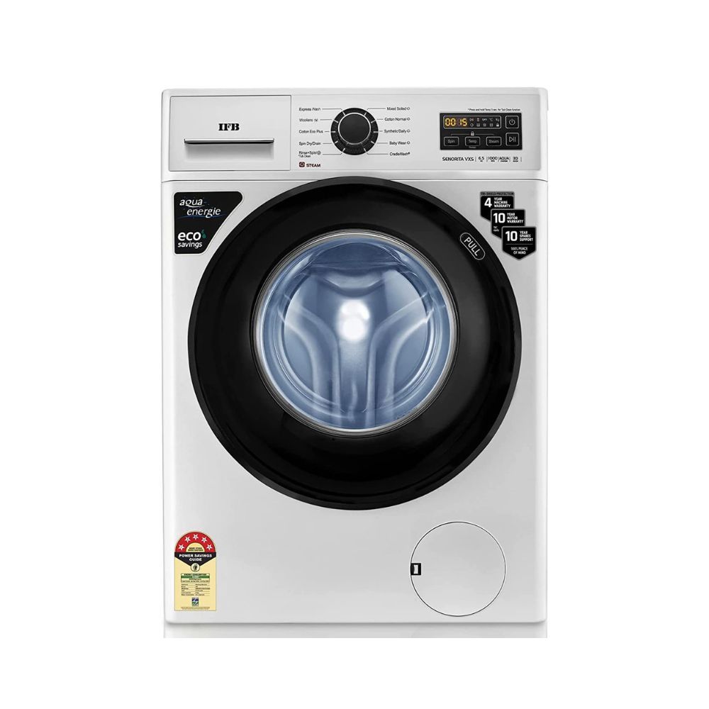 IFB 6.5 Kg 5 Star Front Load Washing Machine 2X Power Dual Steam (SENORITA VXS 6510, White & Black, Active Colour Protection, Hard Water Wash)
