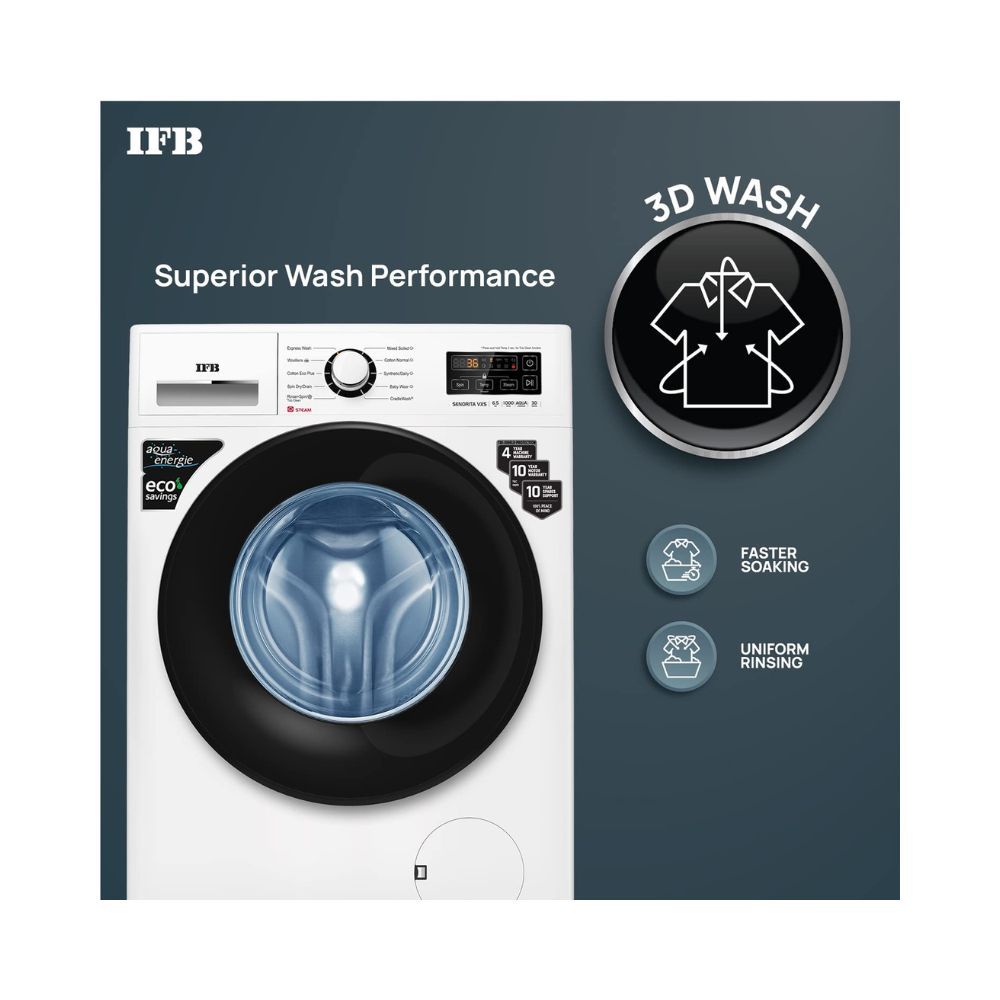IFB 6.5 Kg 5 Star Front Load Washing Machine 2X Power Dual Steam (SENORITA VXS 6510, White & Black, Active Colour Protection, Hard Water Wash)