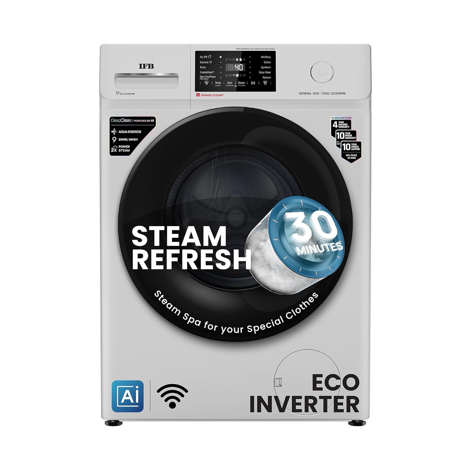 IFB 7 Kg 5 Star Powered by AI with 9 Swirl Wash WiFi Fully Automatic Front Load Washing Machine SERENA GXN 7012 Steam Refresh Program with Eco Inverter Grey