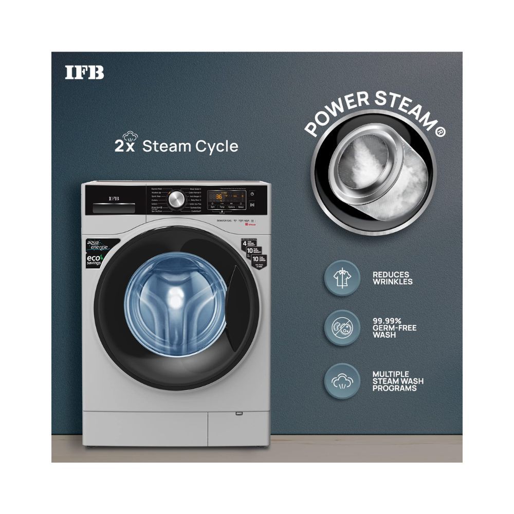 IFB 8 Kg 5 Star Front Load Washing Machine 2X Power Dual Steam (SENATOR SXS 8012, Silver, Active Color Protection, Hard Water Wash)