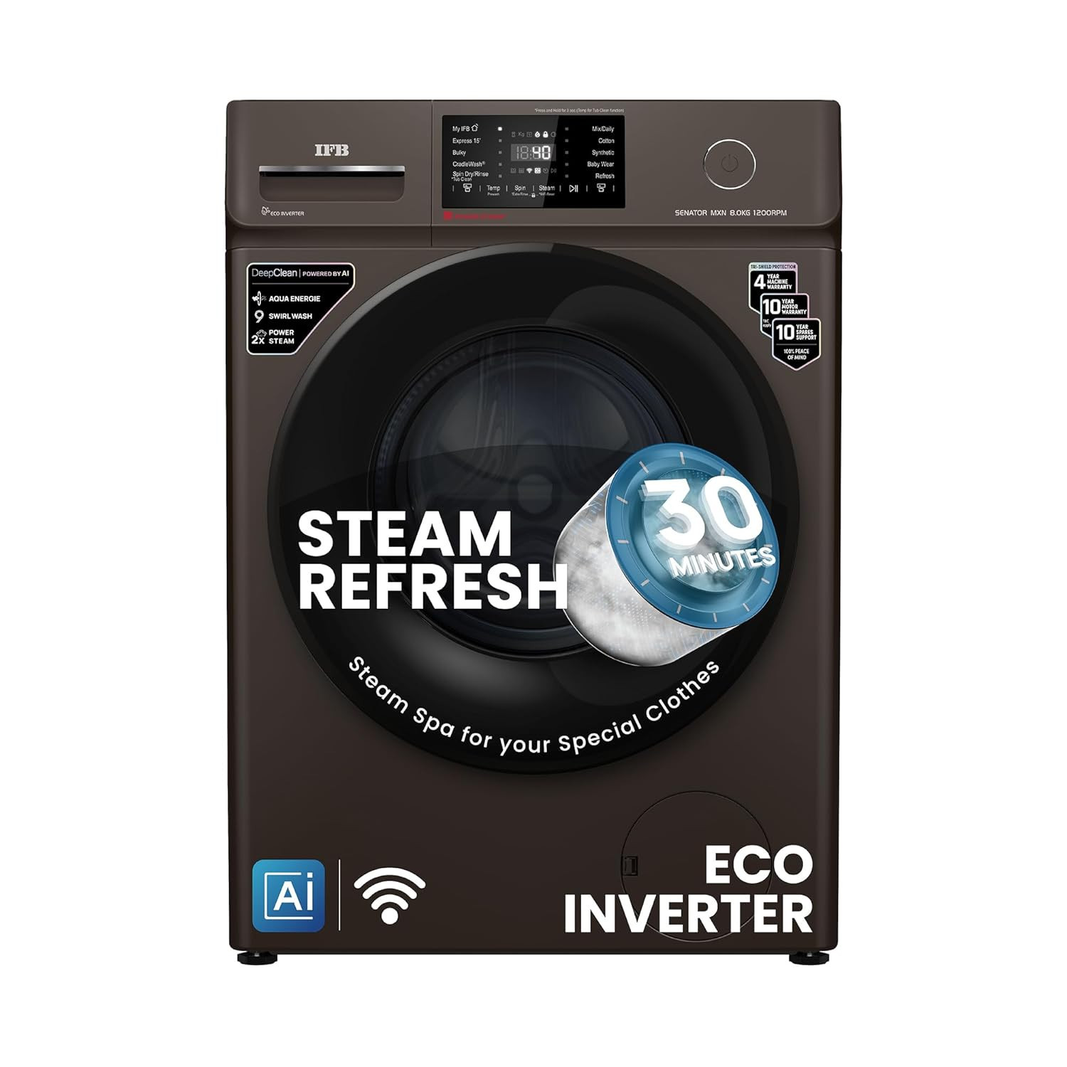 IFB 8 Kg 5 Star Powered by AI with 9 Swirl Wash WiFi Fully Automatic Front Load Washing Machine Senator MXN 8012 Steam Refresh Program with Eco Inverter Mocha