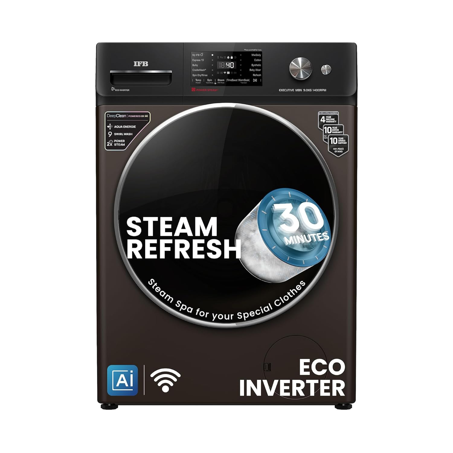 IFB 9 Kg 5 Star Powered by AI with 9 Swirl Wash WiFi Fully Automatic Front Load Washing Machine Executive MBN 9014K Steam Refresh Program with Eco Inverter Mocha