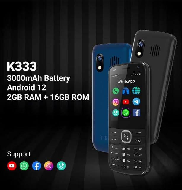 IKALL K333  4G Touch  Type Mobile with 28 HD Display 2GB RAM 16GB Storage 3000mAh Battery WiFi and Pre-Loaded Apps Like Whatsapp Facebook Instagram  YouTube Midnight Black