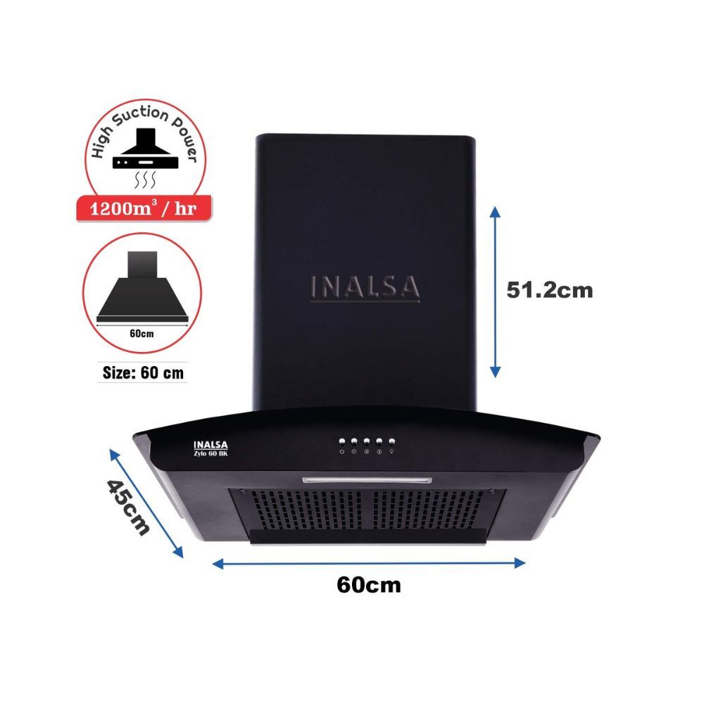 Inalsa 60 cm Filterless Curved Glass Chimney (Zylo 60BK, Push Button Control, Black)