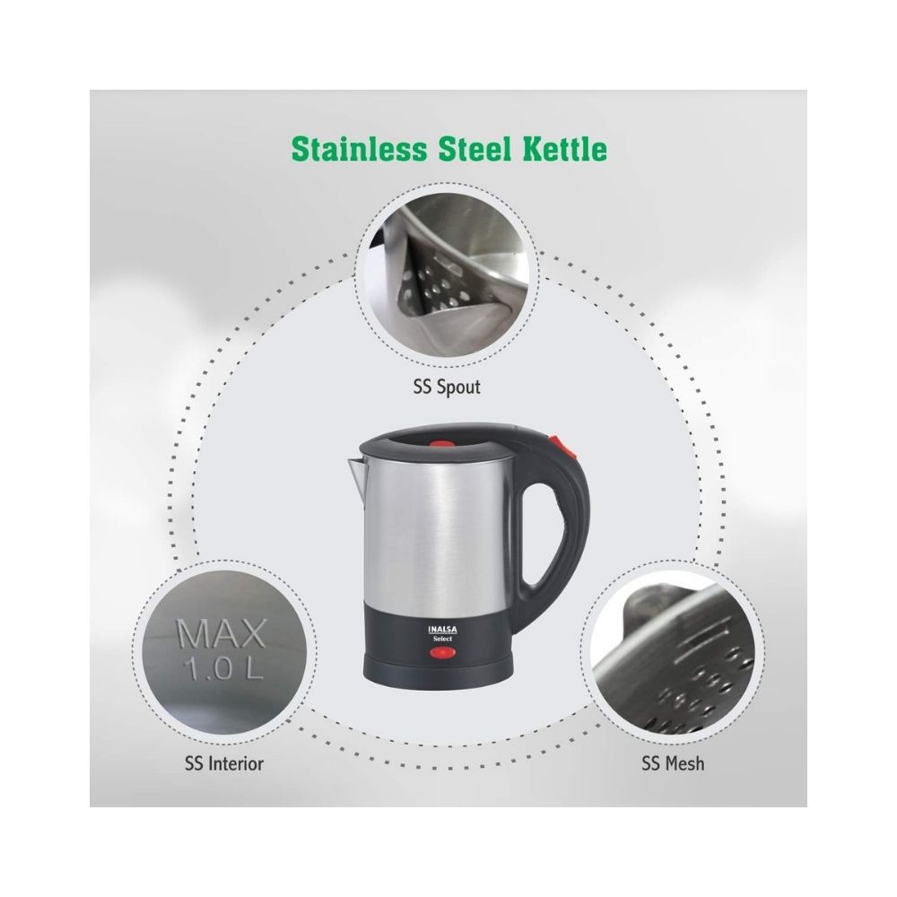 Inalsa Electric Kettle Select-1350W with 1 Litre Capacity Silver