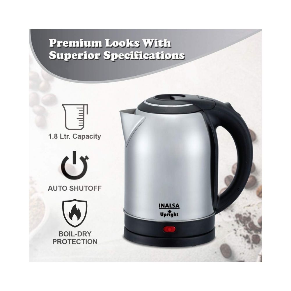 Inalsa Electric Kettle Upright 18-Litre 1500-Watt Stainless-Steel Finish BlackSilver