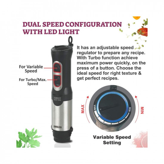 Inalsa Hand Blender 1000 Watts With Chopper Whisker 600 Ml Multipurpose JarVariable Speed And Turbo Speed Function 100 Copper Motor Low Noise Anti-Splash Technology2 Year Warranty