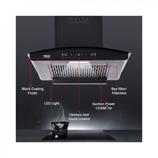 INALSA Kitchen Chimney for Home Auto clean|Filterless Chimney|Motion Sensor & Touch Control|60 cm 1250 m³/hr Suction|7 Year Warranty On Motor (Zylo60BKMAC)